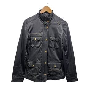 Enita Black Womens Medium Satin Utility Jacket Zip Snap Brass Button Lined Black